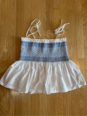 J. Crew White Smocked Cotton Top with Blue Embroidery